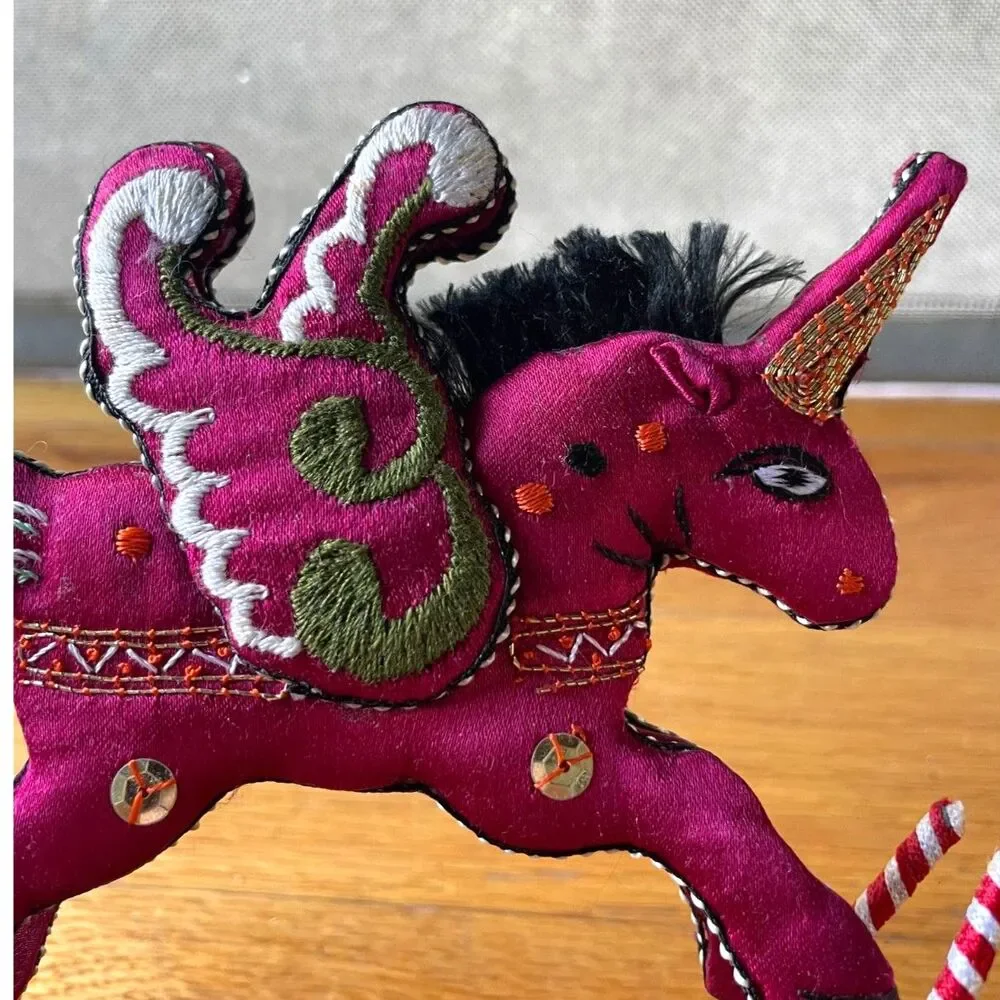 Vintage Fabric Rocking Horse Pair Embroidered Sequins Boho Folk Art Decor